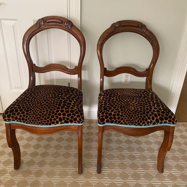 Antique Handcarved Side Chairs With Leaf Design and Leopard Upholstery and Turquoise Welting - a Pair For Sale - Image 10 of 10
