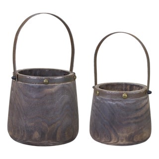Natural Wooden Pail Planter with Metal Handle Accent (Set of 2) For Sale
