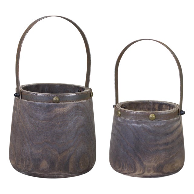 Natural Wooden Pail Planter with Metal Handle Accent (Set of 2) For Sale