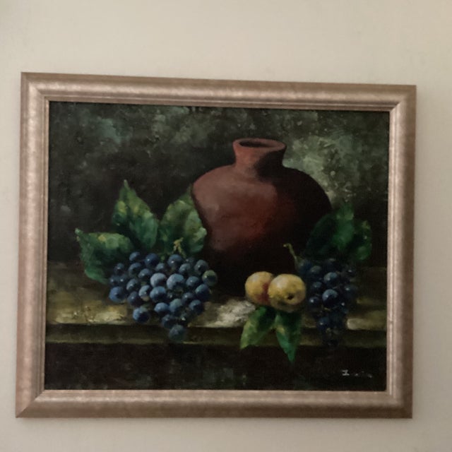 Vintage Still Life Oil Painting "Fruits and Clay Pot" Signed by Artist Framed For Sale - Image 10 of 12