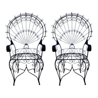 Wrought Iron Peacock Chairs After Salterini With Custom Outdoor Cushions , a Pair, Attributed For Sale