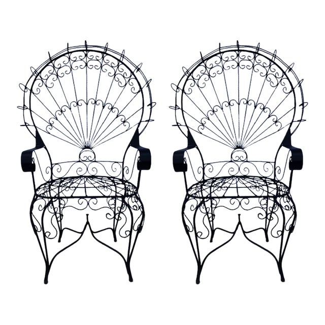 Wrought Iron Peacock Chairs After Salterini With Custom Outdoor Cushions , a Pair, Attributed For Sale