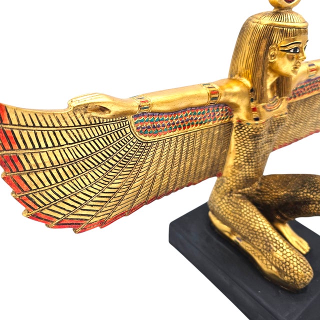 Monumental Egyptian Revival Statue of Goddess Isis With Open Wings and Gold Red Detailing – 21.5" Wide For Sale - Image 9 of 15