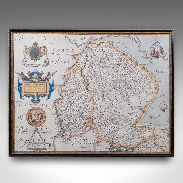 This is a vintage dual county map of Lincoln and Nottingham. An English, framed reproduction of the 16th century original...