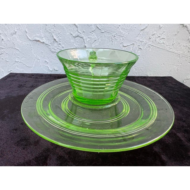 Anchor Hocking Vintage Anchor Hocking Uranium Glass Cup & Saucer Set – Circle Green Pattern, Art Deco Depression Era For Sale - Image 4 of 7