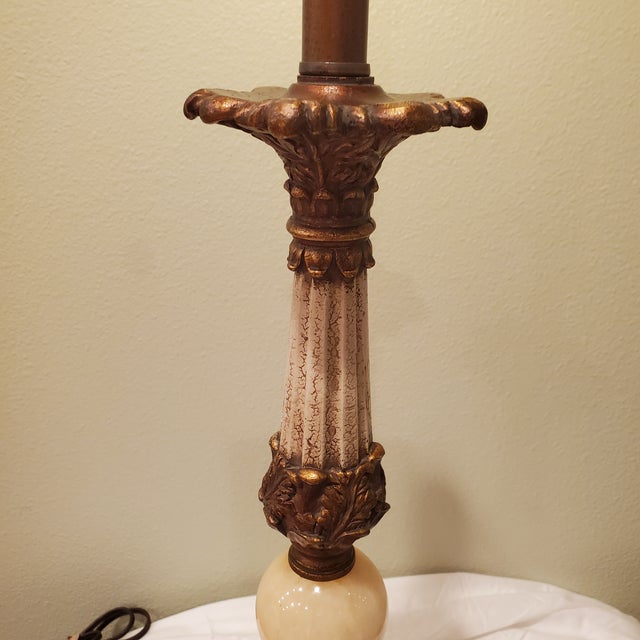 Vintage Hollywood Regency Table Lamp With Alabaster Orb and Bronze Accents For Sale - Image 4 of 9