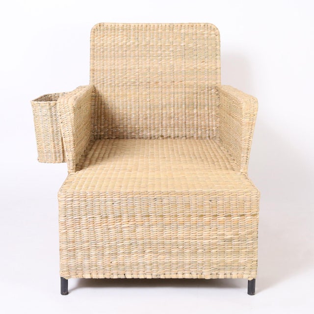An impressive mid-century inspired coastal chaises lounges with book basket hand crafted with durable metal frame...