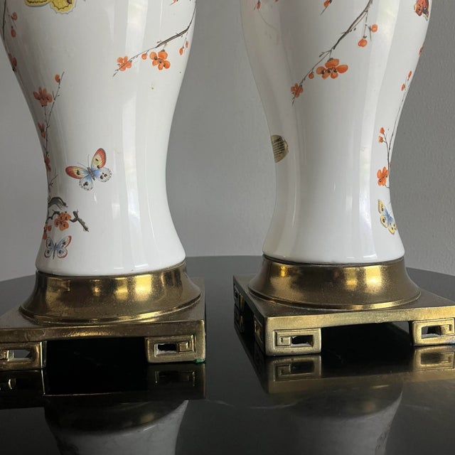 1960's Ceramic Lamps Chinoiserie Cherry Blossom & Butterfly - A Pair For Sale - Image 10 of 11