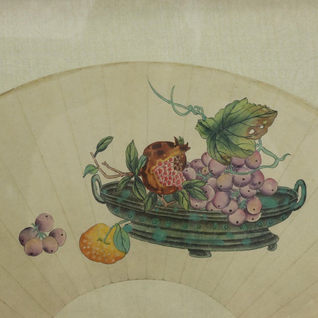 Chinese Vintage Chinese Fan Painting Fruit Still Life With Pomegranate and Grapes Framed Ink and Color on Paper With Calligraphy For Sale - Image 3 of 11
