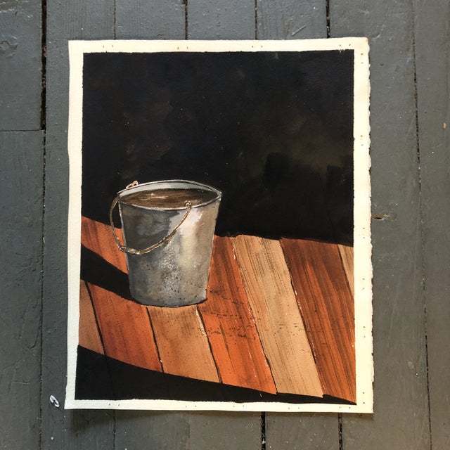 1970s Original Vintage Realistic Still Life With Bucket Watercolor Painting For Sale - Image 5 of 5
