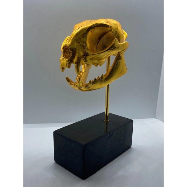 Golden Cat Skull Desk Sculpture on Black Marble Base For Sale - Image 6 of 11
