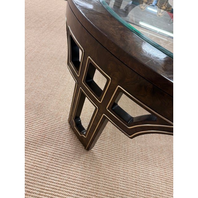 Mid-Century Modern 1970’s Ultra Rare Round Mastercraft Burled Glass Top Coffee Table With Intricate Recessed Brass Trim. For Sale - Image 3 of 12
