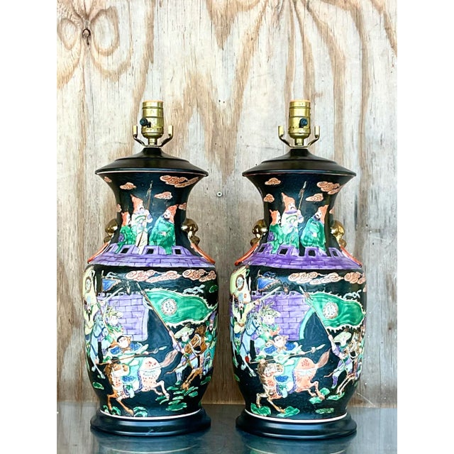 Black Vintage Chinoiserie Hand-Painted Ceramic Figural Table Lamps – A Pair For Sale - Image 8 of 12