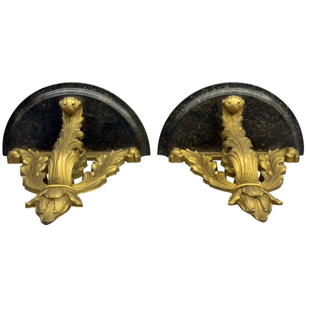 Gold Gilded Acanthus Leaf Demi-Lune Hollywood Regency Wall Shelves, a Pair For Sale - Image 8 of 14
