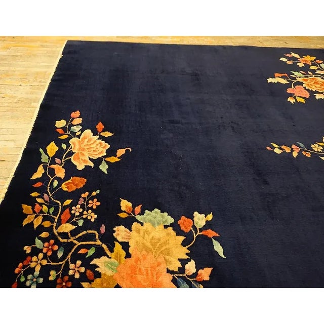 1930s Black Floral Spray Antique Chinese Art Deco Carpet 8'10" X 11'6" Handknotted Wool Rug For Sale - Image 11 of 13