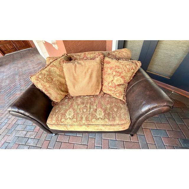English Bernhardt Sofa, Loveseat and Ottoman Coffee Table, Matching Set in Brown Leather With Fabric Seat and Back Cushions For Sale - Image 3 of 12