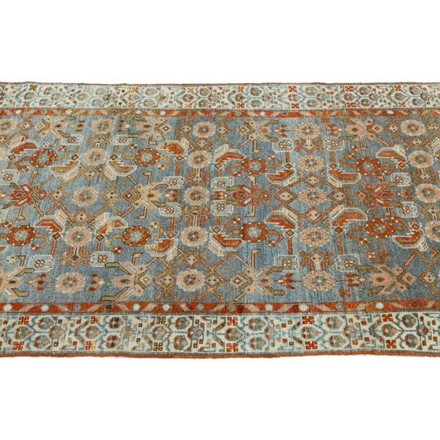 Textile Antique Oriental Runner - Hand-Knotted Wool Muted Blue & Rust Oushak Style 3x13 For Sale - Image 7 of 9