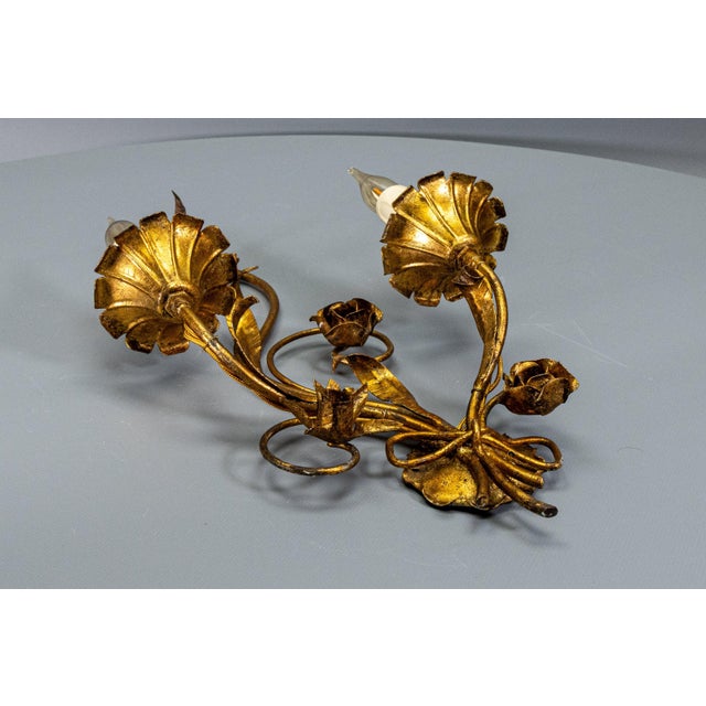 Hollywood Regency Gilt Metal Botanical Two-Light Wall Sconce, 1950s For Sale - Image 12 of 18