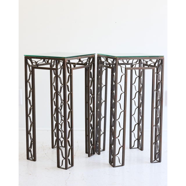 Mid 20th Century Pair of Pedestal Tables With Metalwork Frames and Glass Tops, Indoor/Outdoor For Sale - Image 5 of 15