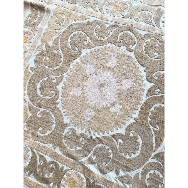 Tan Neutral Tan Uzbekistan Suzani Embroidered Wall Hanging 4' X 4'9'' For Sale - Image 8 of 9