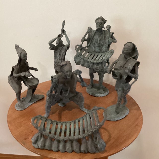 Antique Ashanti Figural Bronze Musicians Group Sculptures Deep Verdigris 6 Pieces For Sale - Image 11 of 12