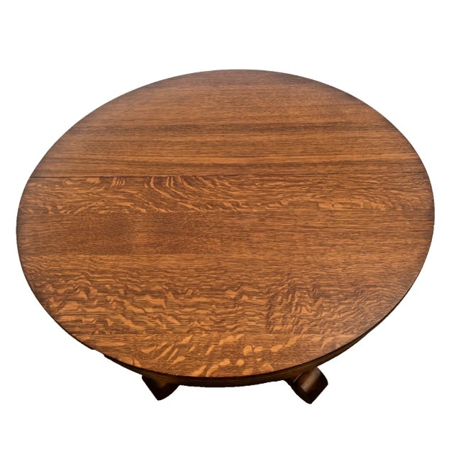 Round Pedestal Expanding Dining Table Antique Arts & Crafts Quarter-Sawn Oak For Sale In Palm Springs - Image 6 of 15