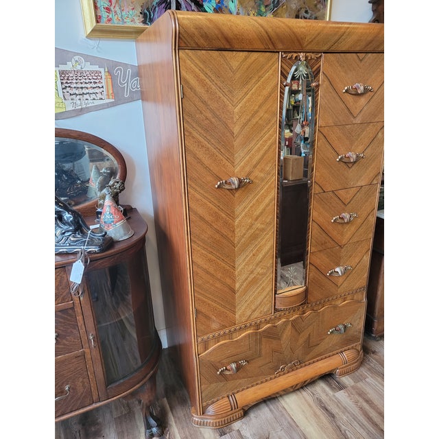 Antique Art Deco Waterfall Satinwood & Mahogany Cedar Lined Armoire