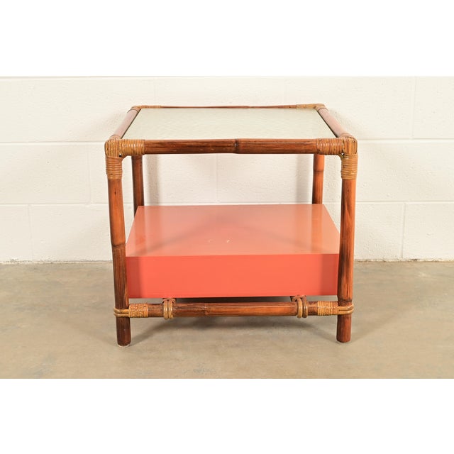 John Wisner for Ficks Reed Mid-Century Hollywood Regency Bamboo Rattan Glass Top Side Table, 1950s For Sale - Image 9 of 12