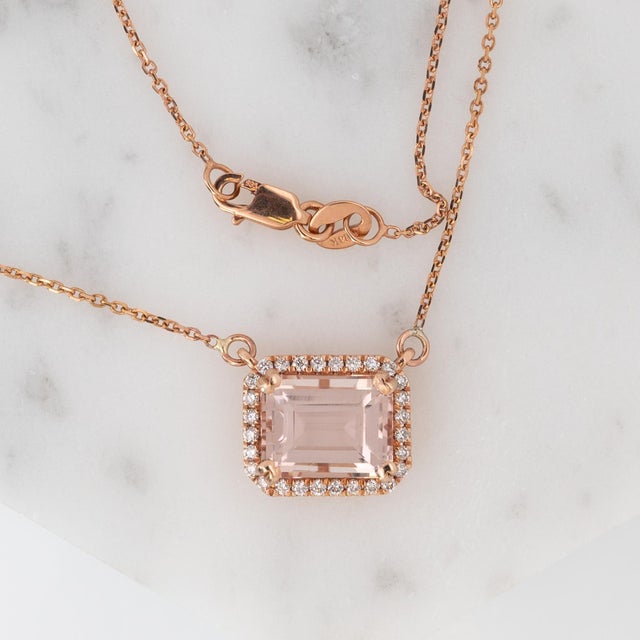 Natural Morganite & Diamond Halo Pendant Necklace: Solid 14k Gold With Chain For Sale - Image 4 of 8