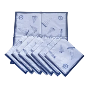 1990s Maritime Blue & White Printed Cotton Dinner Napkins - Set of 8