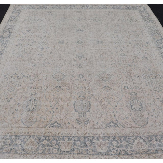 Mid 20th Century Vintage Turkish Oushak Rug, Distressed Floral Design, Cream & Blue 9'5 X 11'10 For Sale - Image 5 of 16