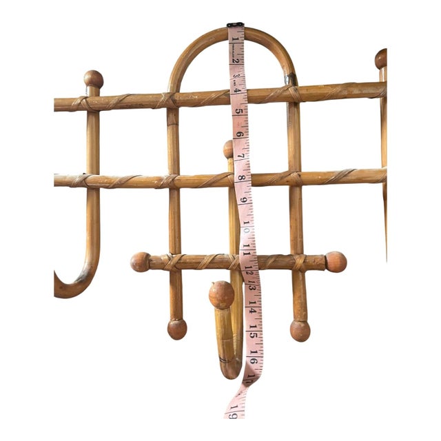 Boho Chic Vintage Midcentury Bamboo Rattan Bent Wood Coat Hat Rack 5 Hooks For Sale - Image 3 of 5