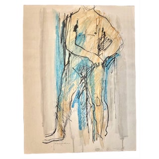 Late 20th Century Jack Meanwell Modern Figural Nude Man, Oil Pastel on Paper For Sale