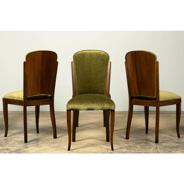 Set of Six 1930s French Art Deco Maple Dining Chairs in Olive Green Velvet For Sale - Image 4 of 18