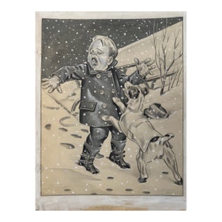 1940s Original Signed Graphite Illustration of Child in Snow With Dog, 10.5 × 8 In. For Sale