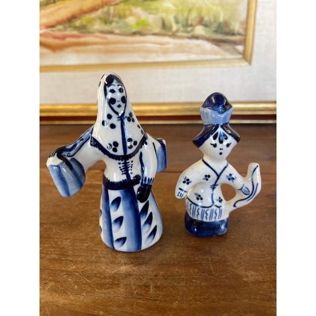 Ceramic Vintage Blue and White Porcelain Figurine Pair, Hand-Painted Folk Figures For Sale - Image 7 of 10