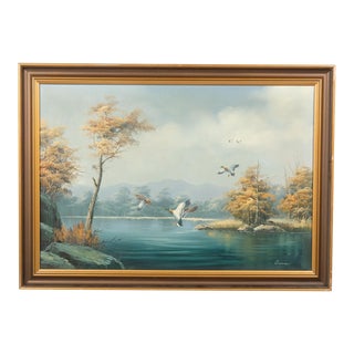 Mid-Century Ducks Over Water Landscape For Sale