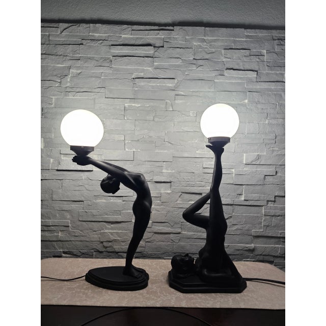 Set of 2 Vintage Art Deco Black Lamps Nude Woman Holding a Globe Figural For Sale In Naples, FL - Image 6 of 12