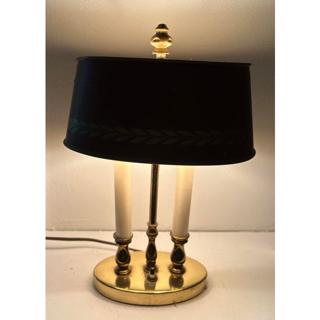 12" tall to top of dfinial, base 6" wide, base 4" deep, shade 7" wide, 5" deep. Minor scratches, inside of metal shade...