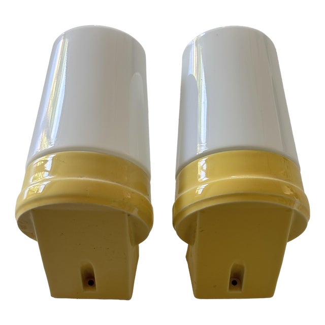 Model 6070 Wall Lights in Yellow Porcelain and Opaline Glass by Sigvard Bernadotte for Ifö, 1960s, Set of 2 For Sale