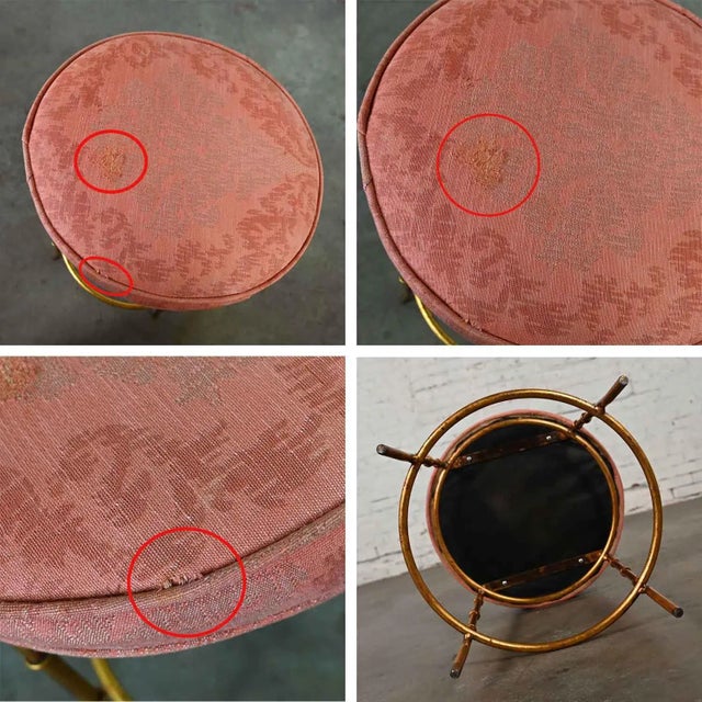 Mid-20th Century Italian Style Round Stool With Rose Damask Seat & Gilt Metal Faux Bamboo Legs For Sale - Image 12 of 13