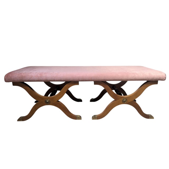 Dorothy Draper Vintage Dorothy Draper Espana Pink Velvet Bench With Curule Legs For Sale - Image 4 of 15