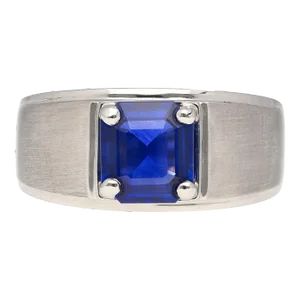 GIA Certified 2.23 Carat Square Cut Blue Sapphire Men's Matte Finish 18K Ring, Size 7