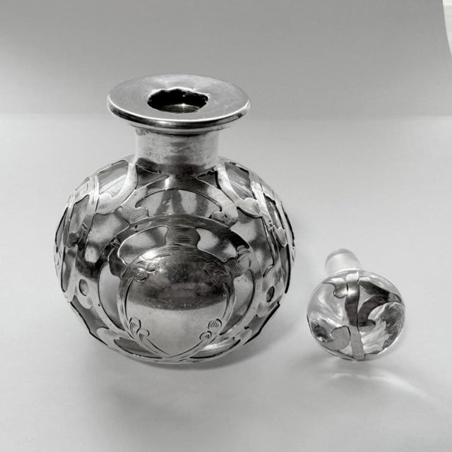 Antique Art Nouveau Silver Overlay Glass Perfume Bottle, C. 1900 Scent Bottle For Sale - Image 4 of 4