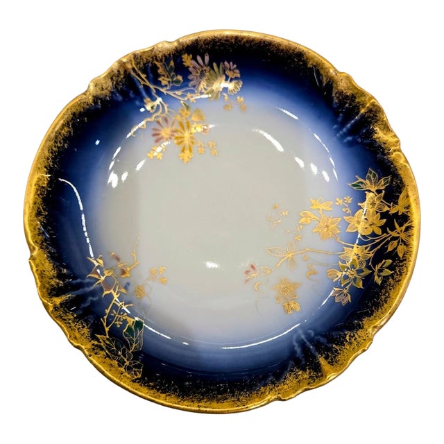 M. Redon Limoges France Blue & Gold Floral Catchall Dish, 6 Inch For Sale