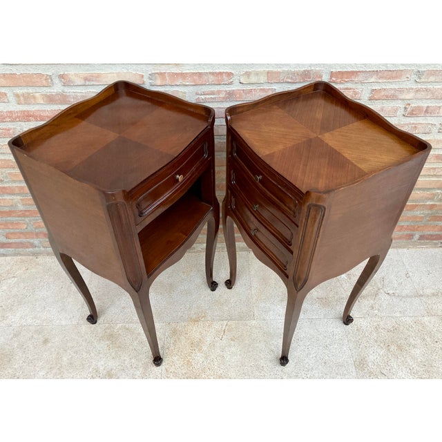 French Walnut Nightstand with Drawers and Shelf, 1950s, Set of 2 For Sale - Image 15 of 16