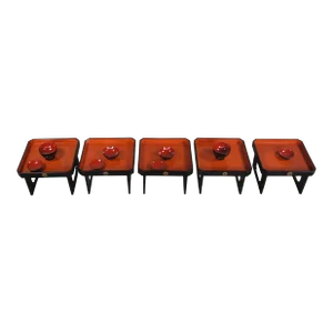 Mid 20th Century Japanese Showa Period Red & Black Lacquered Obon Ozen Tray Serving Tables Bowls- 6 Pieces