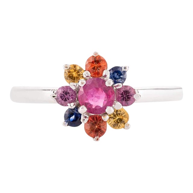 0.71 Carat Minimalist Multi Gemstone Flower Ring Size 7 For Sale