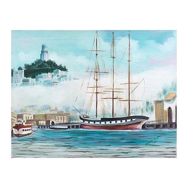 Blue 'Three Master in San Francisco Bay' by Grace Hayne, 1972, American Artist, Telegraph Hill, Coit Tower For Sale - Image 8 of 8