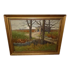 Late 19th Century Oil on Board Painting of Cabin in Upstate Ny by c.h Ritter